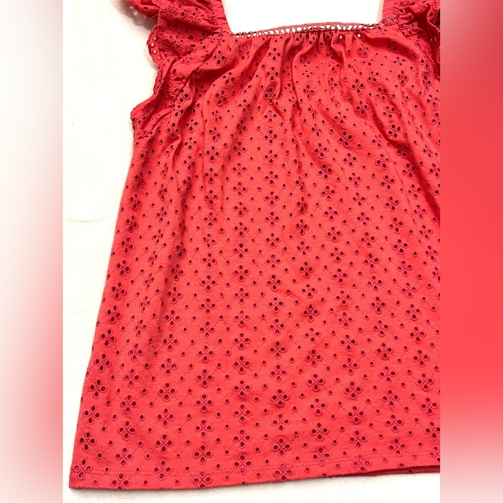 LOFT Women’s Coral Colored Eyelet Sleeveless Blouse with Ruffle Detail Sz Small - Picture 12 of 12